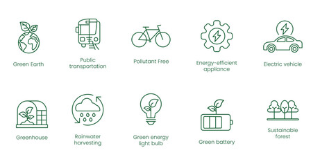 Green Earth, Public Transportation, Pollution-Free, Energy Efficient Appliance, Electric Vehicle, Greenhouse, Rainwater Harvesting, Green Energy Light Bulb, Green Battery Vector Icon set