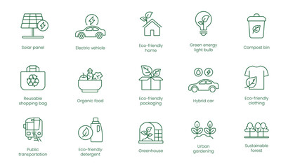 Solar Panel, Electric Vehicle, Eco-Friendly Home, Green Energy Light Bulb, Composting Bin, Reusable Shopping Bag, Organic Food, Eco-Friendly Packaging, Hybrid Car, Eco-Friendly Clothing, vector icons
