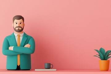 A confident business man stands in a stylish office, showcasing professionalism and approachability with a modern aesthetic.