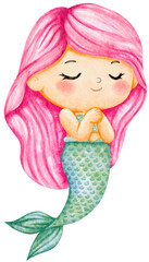 Cute mermaid illustration in watercolor colorful style, pastel sea life, lovely mermaid graphic for kids prints