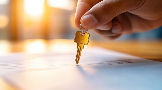 Happy Home Buyers: Real Estate Signing and Receiving House Keys with Copy Space for Text in Background