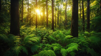 Obraz premium A photograph of a dense forest in Australia with tall trees and lush ferns covering the forest floor. Sunlight filters through the canopy, illuminating the green foliage