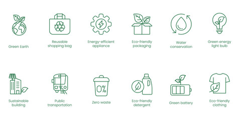 Green Earth, Reusable Shopping Bag, Energy Efficient Appliance, Eco-Friendly Packaging, Water Conservation, Green Energy, Light Bulb, Sustainable Building, Public Transportation, Zero Waste icons