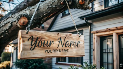 Obraz premium Light wooden nameplate hanging on a tree branch in front of the house