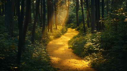 Fototapeta premium A serene forest pathway illuminated by golden sunlight, inviting exploration and tranquility amid nature's beauty. 