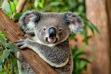 Obraz premium A cute koala clings to a tree branch amidst lush green foliage, showcasing its adorable face and playful demeanor.