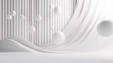 Abstract White Minimalist 3D Background:  A minimalist, abstract 3D background featuring a white curved wall with vertical lines, and white spheres floating in a white space. 
