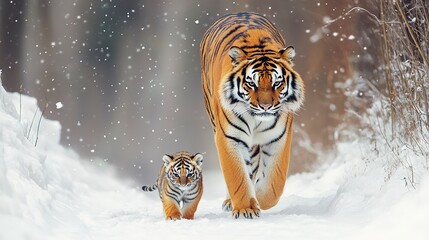 Obraz premium Mother Tiger and Her Baby Walking in the Snow 