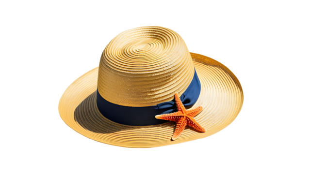 A straw hat and starfish resting together, isolated on a transparent or white background. Ideal for summer, beach, vacation, and travel themes, adding a touch of coastal charm.