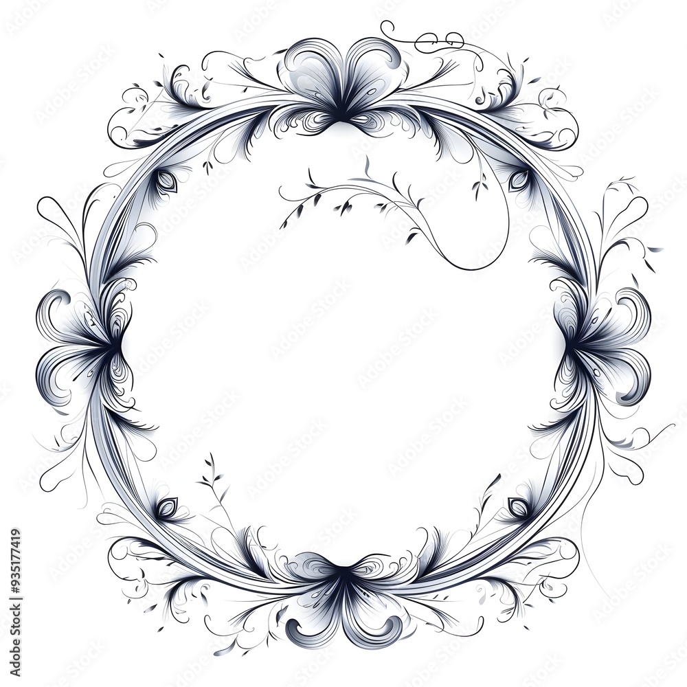 Poster elegant circular frame with flowing wave and swirl motifs on white background