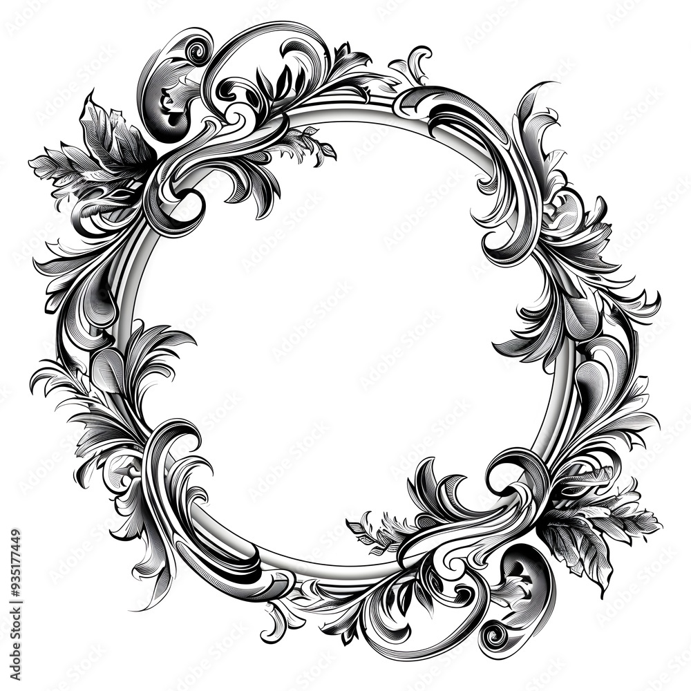 Poster circular frame with classic swirl and wave motifs on elegant white background flowing and ornamental