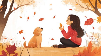 Adorable autumn scene with a cute girl and her loyal canine companion. Versatile vector illustration suitable for various surfaces, including paper, fabric, and beyond.