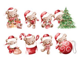 Watercolor Illustration Set of Bears and Christmas Ornaments