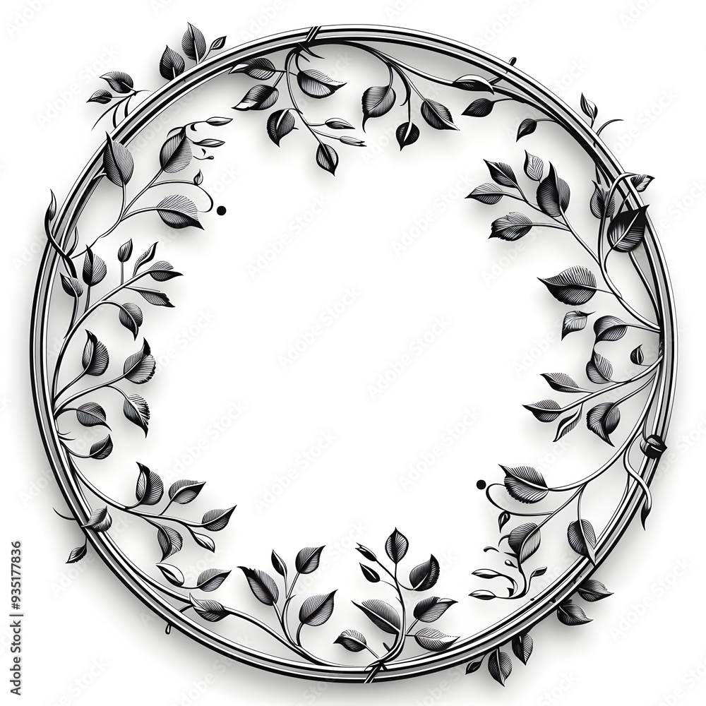 Poster elegant circular frame with leaf and vine motifs in classic simple line art style on white backgroun