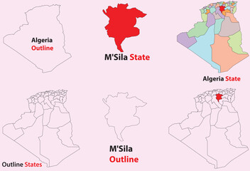 M'Sila map vector of Algeria, M'Sila line map, M'Sila with city map, M'Sila outline map