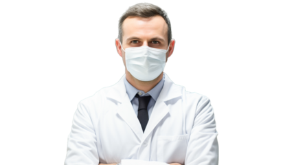 Portrait of smiling doctor with arms crossed with a mask isolate on transparency background PNG.