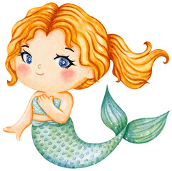 Cute mermaid illustration in watercolor colorful style, pastel sea life, lovely mermaid graphic for kids prints