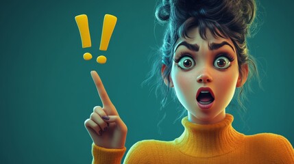 Obraz premium Animated woman gestures with a pointed finger upwards toward an exclamation point, conveying an exclamation or warning message.