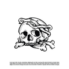 Vintage retro hand drawn engraving crossbones skull with thorn crown vector art illustration