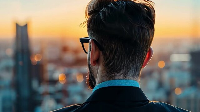 Businessman in suit and glasses overlooking a city skyline at sunset