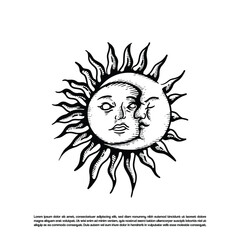 Vintage retro engraving moon and sun vector art illustration