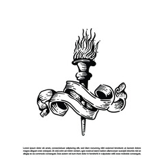 Engraving light torch flame vector with ribbon illustration