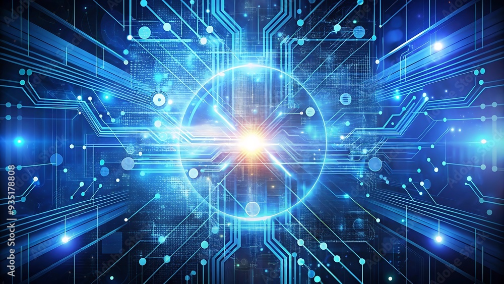 Poster abstract technology background with circuit board and glowing lights.