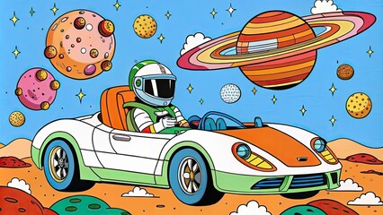 Cartoon Astronaut Driving Car in Outer Space with Planets and Stars