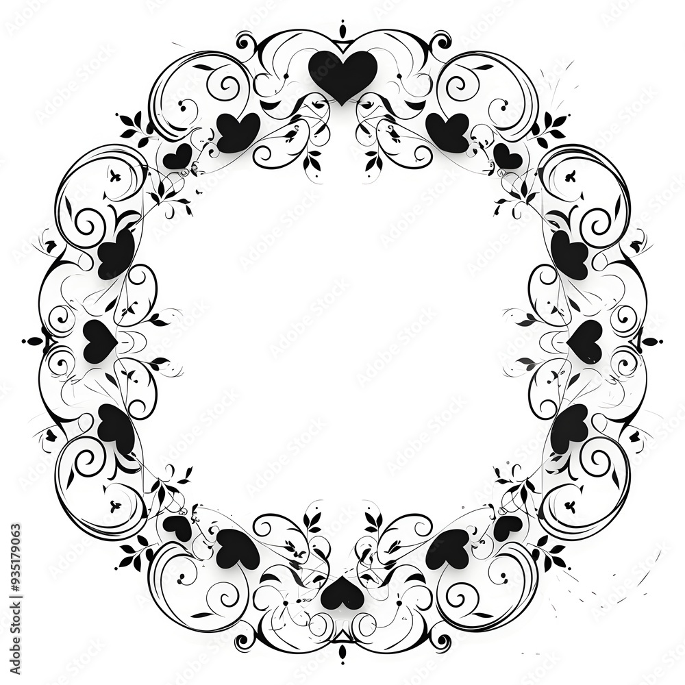 Poster elegant circular frame with heart and swirl motifs in classic simple line art style on white backgro
