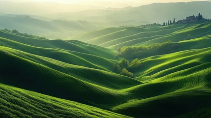 Rolling Green Hills with a Distant Farmhouse and Cypress Trees