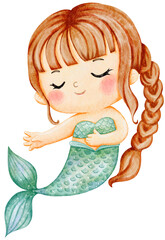 Cute mermaid illustration in watercolor colorful style, pastel sea life, lovely mermaid graphic for kids prints