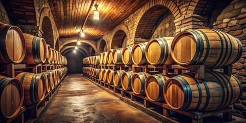Wine barrels stacked in dimly lit cellar room