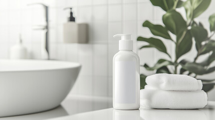 Fototapeta premium shampoo bottle mockup.shower gel.bath container.white bathtub bottle example