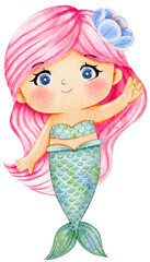 Cute mermaid illustration in watercolor colorful style, pastel sea life, lovely mermaid graphic for kids prints