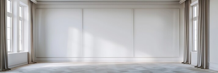 Fototapeta premium mockup of a white wall forming 3 frames in an empty room with windows and gray curtains on the right and left sides, 3d render, 3d illustration