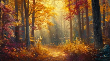Fototapeta premium Autumn's vibrant embrace paints the forest in golden hues, where trees adorned in a kaleidoscope of colors create an enchanting spectacle.