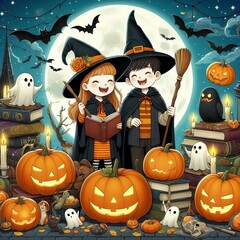 halloween pumpkins and witches