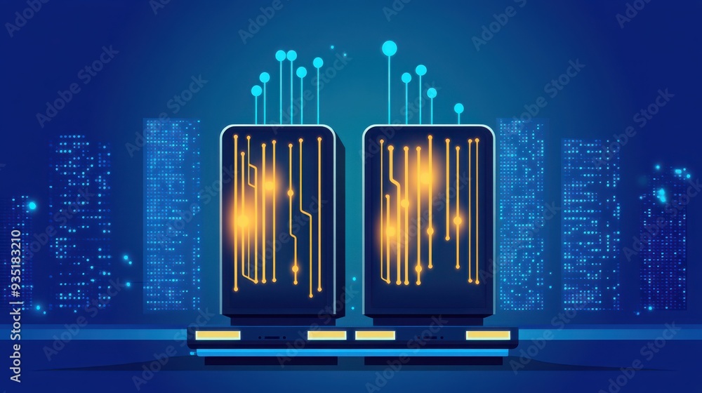 Poster futuristic server design featuring illuminated data streams and a digital cityscape background, symb
