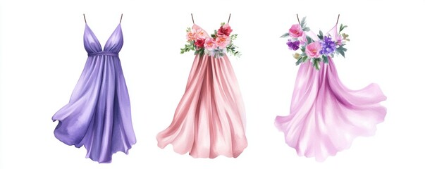 A watercolor illustration of a Boho festival outfit featuring a flowing dress with floral patterns, isolated on a white background