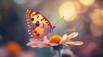 Obraz premium Butterfly rests elegantly atop a flower, its intricate wings bathed in an interplay of vibrant and ethereal light.
