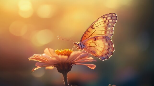 Butterfly rests elegantly atop a flower, its intricate wings bathed in an interplay of vibrant and ethereal light.