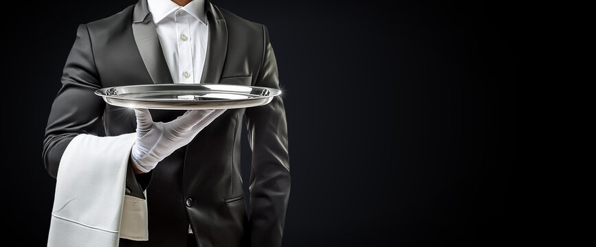 Close-up and front view of a waiter or chef, holding a silver metal empty serving tray, isolated on black dark background with copy space. Generative Ai.
