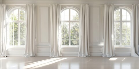 empty room design with 3 windows and white curtains, white walls and floor, 3D rendering, 3d illustration
