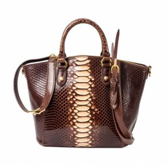 Premium Quality Brown Leather Handbag with Snake Skin Pattern and Gold Accents - Fashionable Luxury Purse for Women