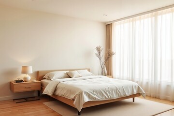 A minimalist bedroom with soft, neutral tones, featuring a modern bed and simple decor, ideal for showcasing contemporary interior design.