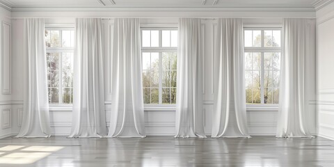 room design with 3 windows and white curtains, 3d rendering, 3d illustration