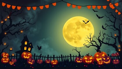 Halloween Night Scene with Pumpkins and Moon