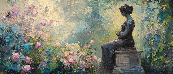 Classic Greek garden scene with a statue in oil painting