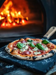 napoletan style pizza with gorgonzola and salami black stone cutting board pizza oven in the background professional food photo magazine style picture