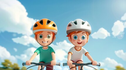 Joyful Cartoon Kids Riding Bicycles on a Sunny Day, Happy Childhood Adventure in a Bright and Fun Outdoor Setting, Playful and Energetic Characters Enjoying an Active Lifestyle, Friendship and Fun.